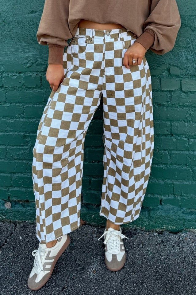 Mocha & White Checkered Barrel Leg Pants