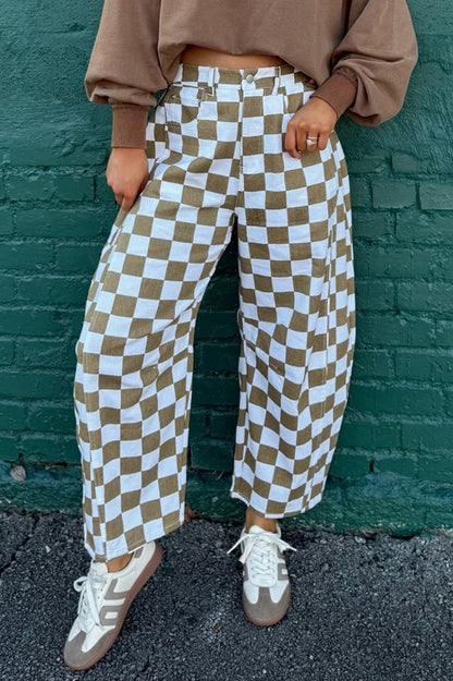 Mocha & White Checkered Barrel Leg Pants