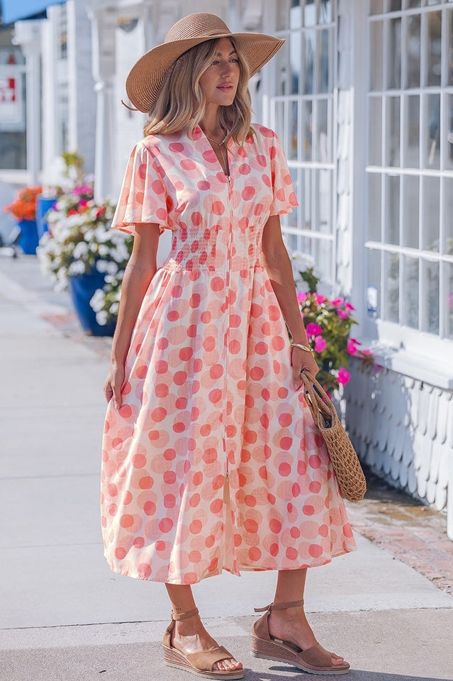 Pink Polka Dot Smocked Waist Midi Dress