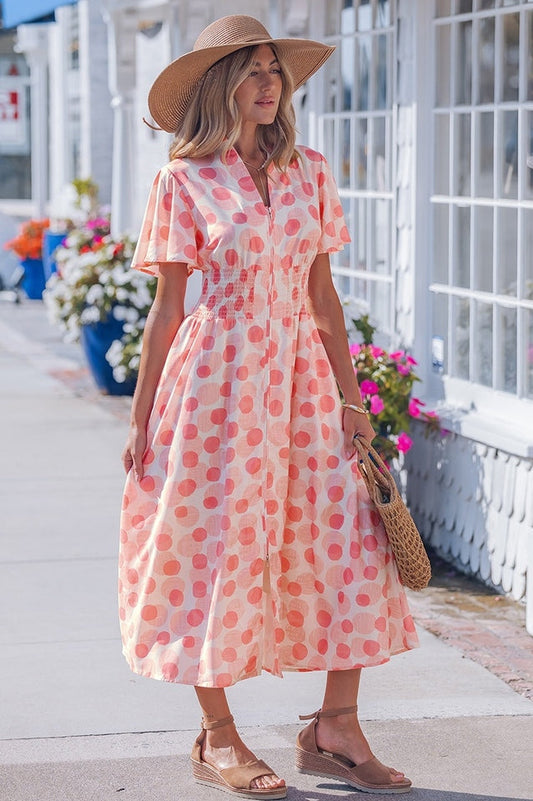 Pink Polka Dot Smocked Waist Midi Dress