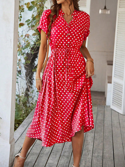A-Line High Waisted Buttoned Drawstring Polka-Dot V-Neck Midi Dresses