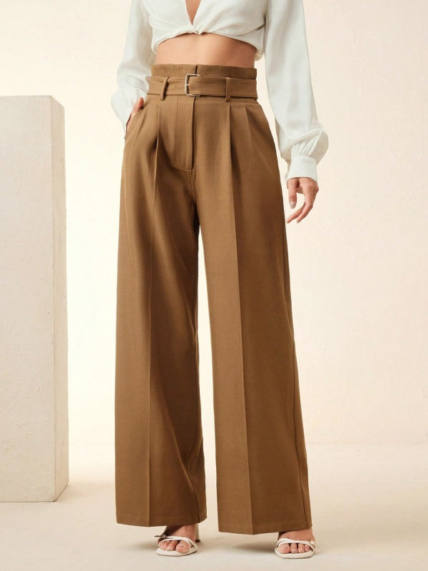 Loose Straight Leg Belted Pockets Solid Color Zipper Casual Pants Bottoms Trousers