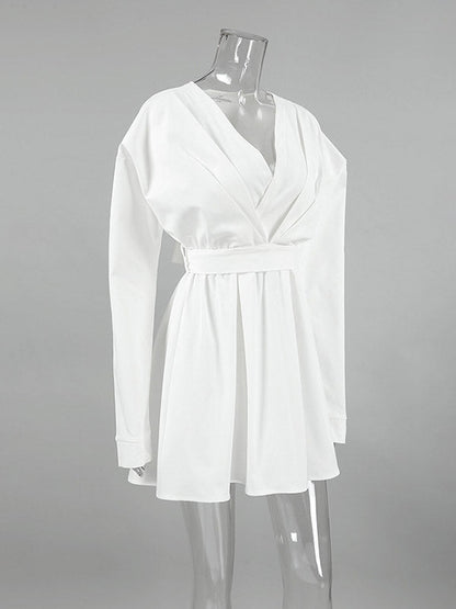 Long Sleeves Loose Pleated Solid Color Split-Joint Tied Waist V-Neck Mini Dresses Shirt Dress