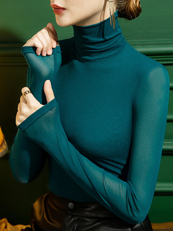 T-shirts à manches longues, col montant, transparents, couleur unie, grande taille 