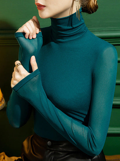 T-shirts à manches longues, col montant, transparents, couleur unie, grande taille 