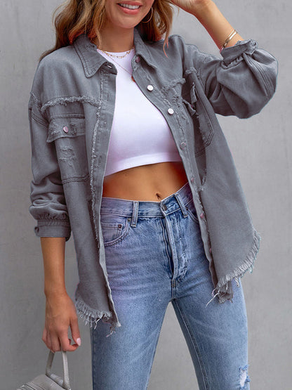 Long Sleeves Loose Fringed Pockets Lapel Outerwear