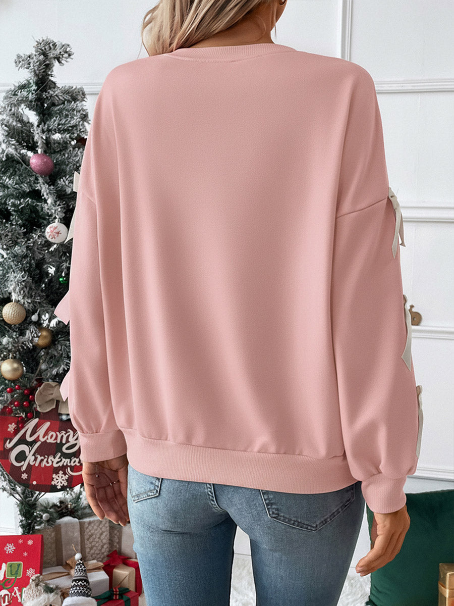 Split-Joint Contrast Color Bow-Embellished Loose Long Sleeves Round-Neck Sweatshirt Tops