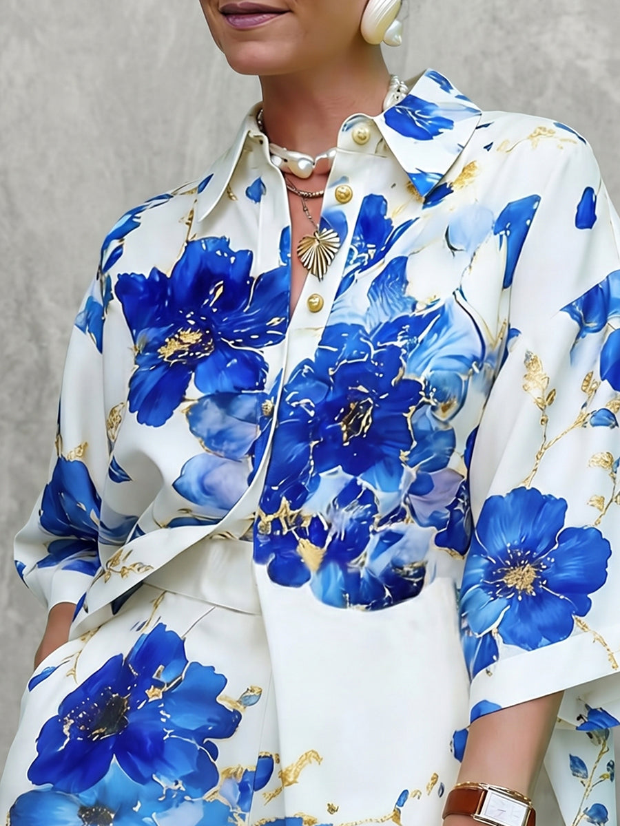 Loose Wide Leg Flower Print Pockets Shorts Bottoms