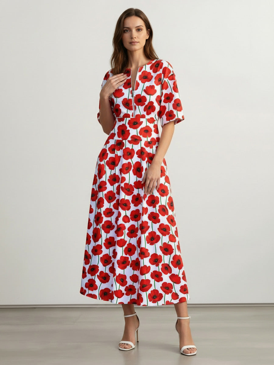 A-Line Elasticated Waist Contrast Color Flower Print Pockets Split-Joint Zipper Round-Neck Midi Dresses