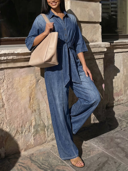 Tied Waist Pockets Gradient Buttoned Loose High Waisted Lapel Jumpsuits