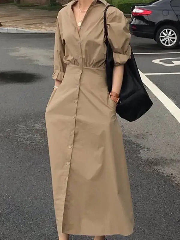 Loose Puff Sleeves Pleated Solid Color Split-Joint Lapel Maxi Dresses Shirt Dress BLUE