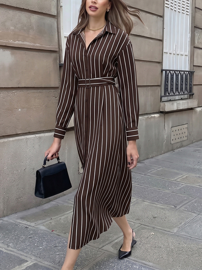 Striped Split-front Buttoned Belted Three-quarter Sleeves High Waisted Lapel Shirt Dress Maxi Dresses