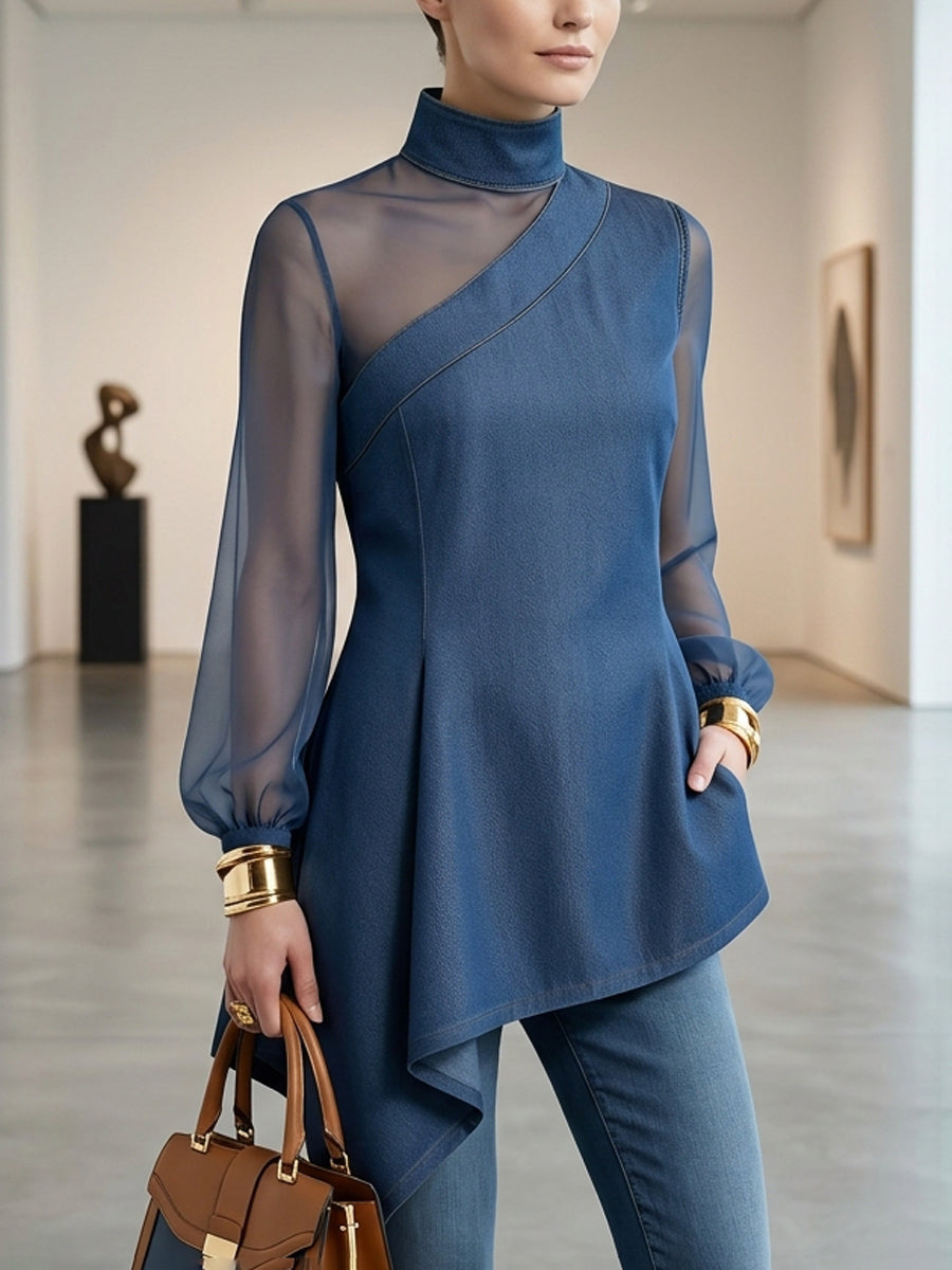 Split-Joint Mesh Asymmetric Puff Sleeves Long Sleeves Mock Neck Blouses&Shirts Tops