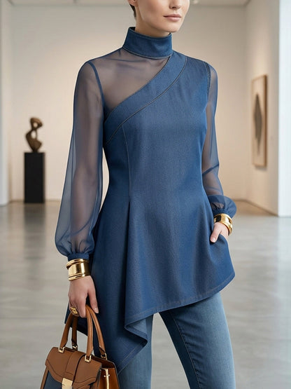 Split-Joint Mesh Asymmetric Puff Sleeves Long Sleeves Mock Neck Blouses&Shirts Tops