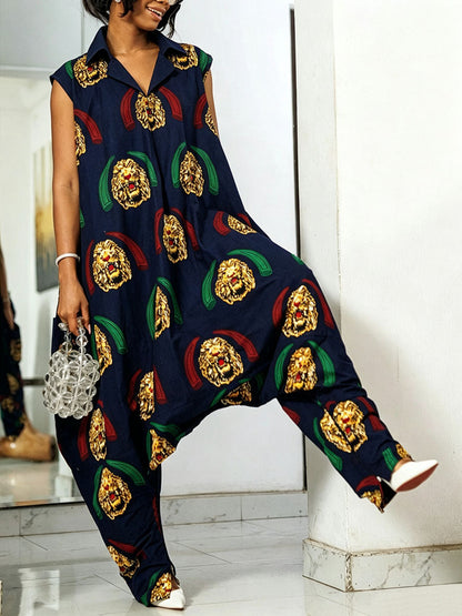 Loose Sleeveless Pockets Printed Lapel Jumpsuits
