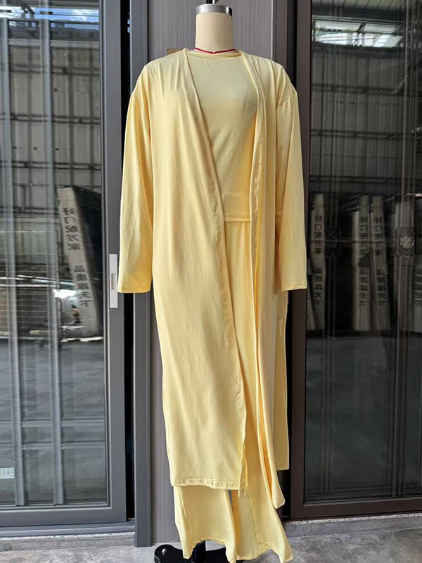 Ensemble trois pièces : cardigan ample à manches longues, t-shirt à col rond et pantalon élastique à cordon de serrage 