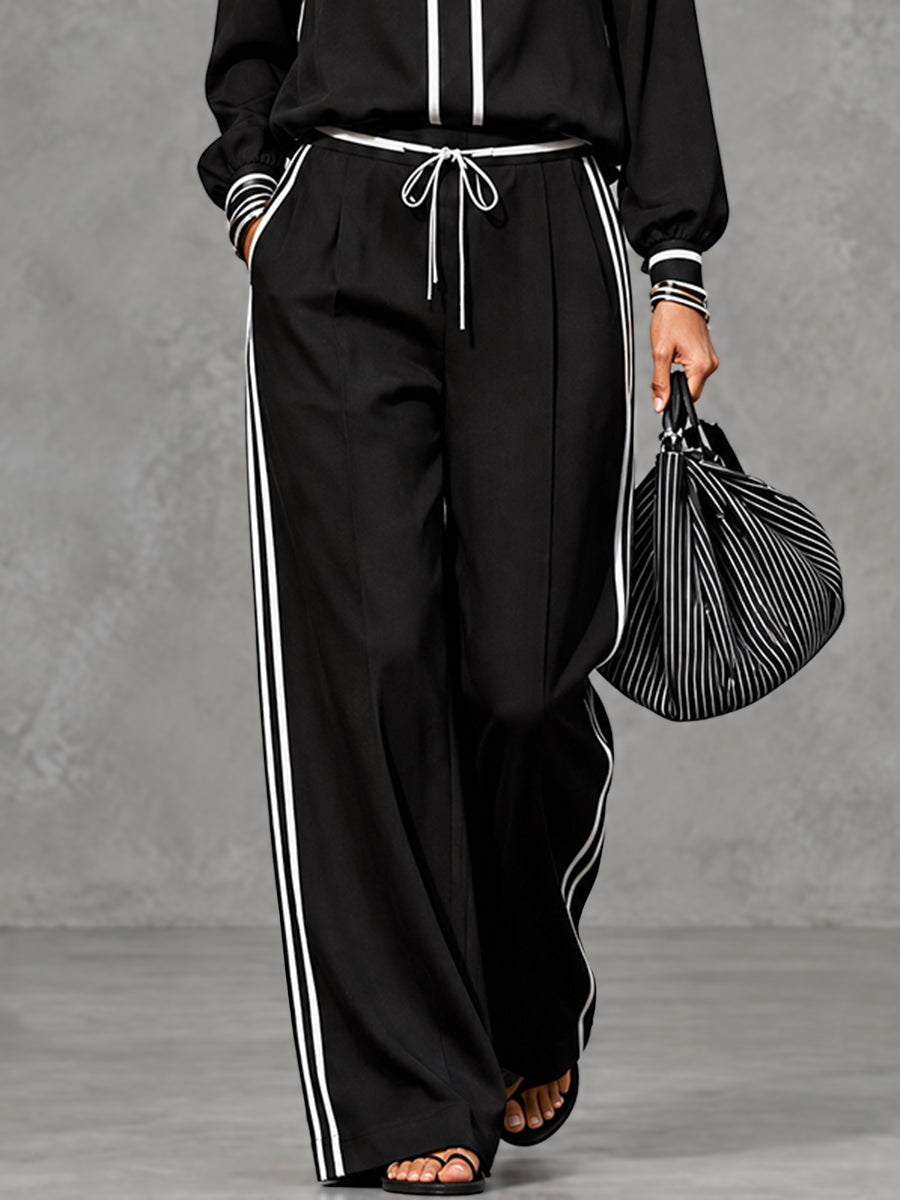 Striped Pockets Drawstring Contrast Color Wide Leg Loose Trousers Pants