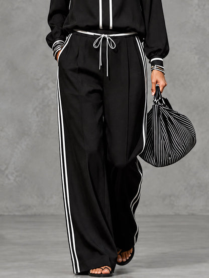 Striped Pockets Drawstring Contrast Color Wide Leg Loose Trousers Pants