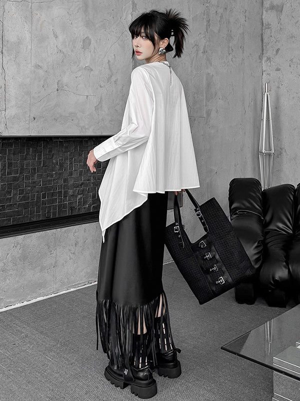 Hipster Irregularity Asymmetric Pleated Solid Color Round-Neck Blouses&Shirts Tops