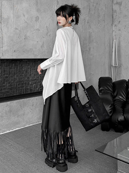 Hipster Irregularity Asymmetric Pleated Solid Color Round-Neck Blouses&Shirts Tops