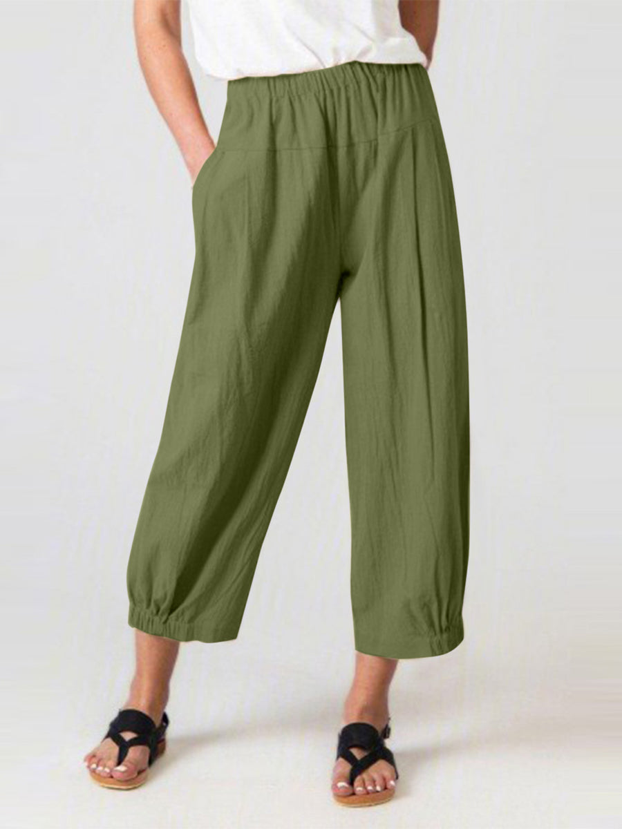 Solid Color Pockets Elasticity High Waisted Trousers Ninth Pants