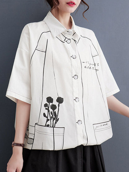 Lose Kurzarm-Blusen und -Hemden mit geknöpftem, bedrucktem Revers 