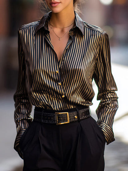 Long Sleeves Loose Buttoned Contrast Color Striped Lapel Blouses&Shirts Tops