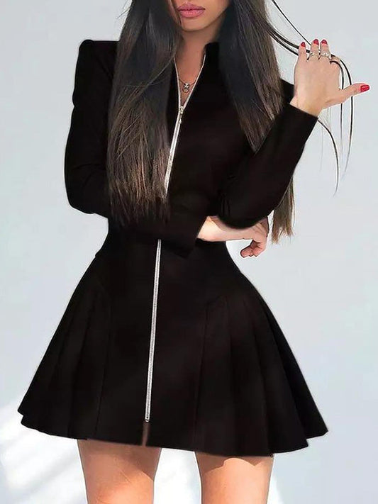 Long Sleeves Skinny Pleated Split-Joint Zipper Stand Collar Mini Dresses