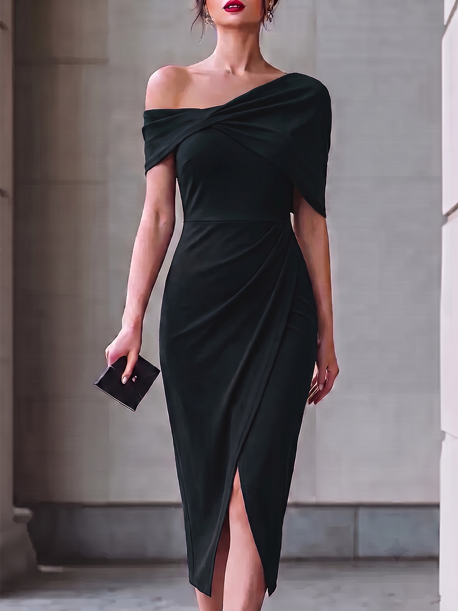 Split-front Solid Color Backless Short Sleeves Plus Size One-shoulder Midi Dresses