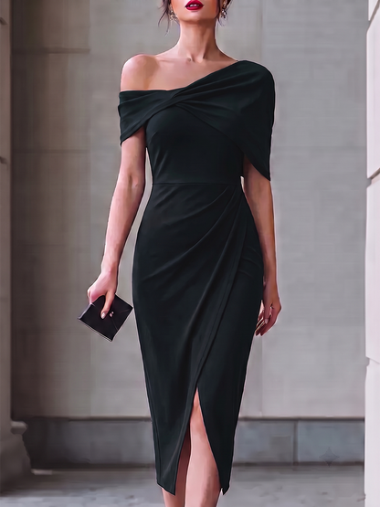 Split-front Solid Color Backless Short Sleeves Plus Size One-shoulder Midi Dresses