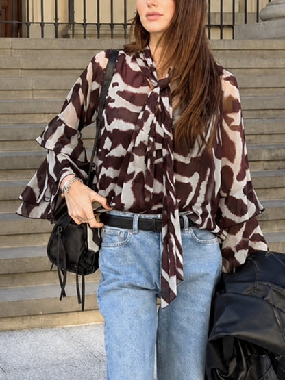 Tied Printed Contrast Color Ruffle Sleeves Long Sleeves V-neck Blouses&shirts Tops