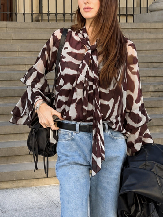 Tied Printed Contrast Color Ruffle Sleeves Long Sleeves V-neck Blouses&shirts Tops