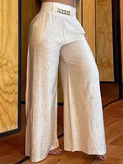 High Waisted Loose Chains Elasticity Pleated Pockets Pants Trousers WHITE