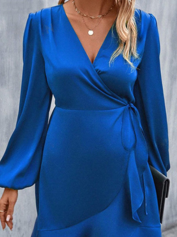 Mini-robes taille haute, plissées, élastiques, couleur unie, fendues, nouées, col en V 