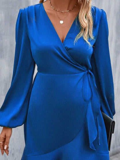 Mini-robes taille haute, plissées, élastiques, couleur unie, fendues, nouées, col en V 