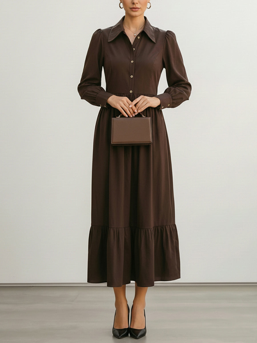 Long Sleeves Buttoned Pleated Solid Color Split-Joint Lapel Midi Dresses