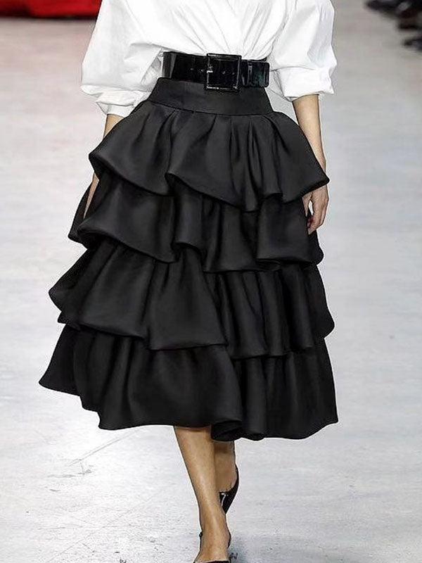 A-line Loose Falbala Layered Solid Color Skirts Bottoms