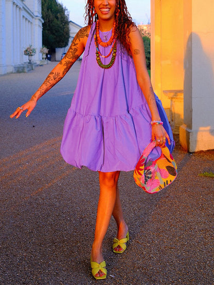 High Waisted Loose Pleated Solid Color Round-Neck Mini Dresses