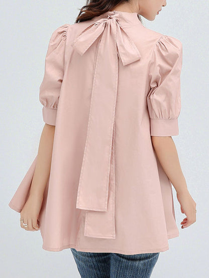 Casual Loose Bow-Embellished Solid Color Blouse