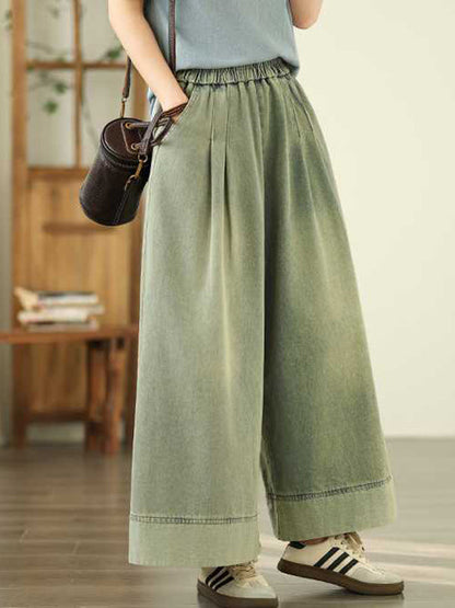 Loose Wide Leg Elasticity Pleated Pockets Jean Pants Bottoms Trousers