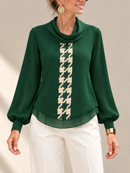 Split-Joint See-Through Houndstooth Contrast Color Puff Sleeves Long Sleeves Heaps Collar Blouses&shirts Tops