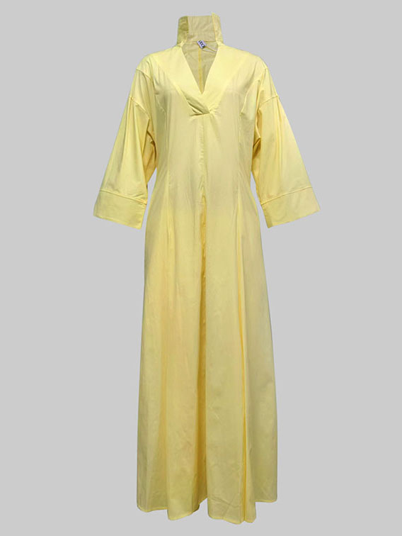 Robe chemise longue trapèze taille haute plissée couleur unie col en V 