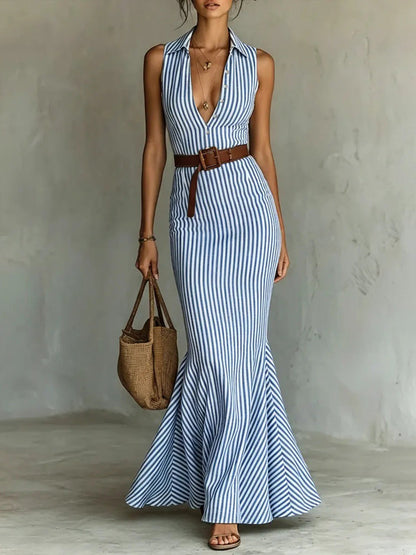 Bodycon Mermaid Belted Striped Deep V-Neck Maxi Dresses