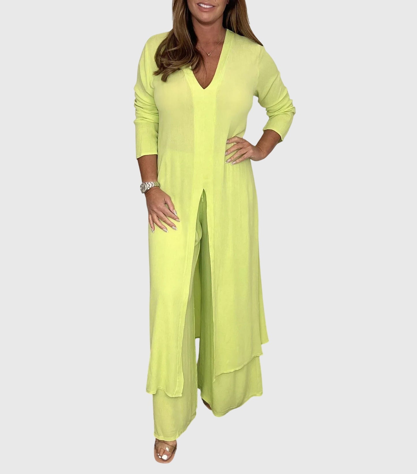 Pearl | Women's Duster Cardigan Two-Piece Set Wide Leg Pants