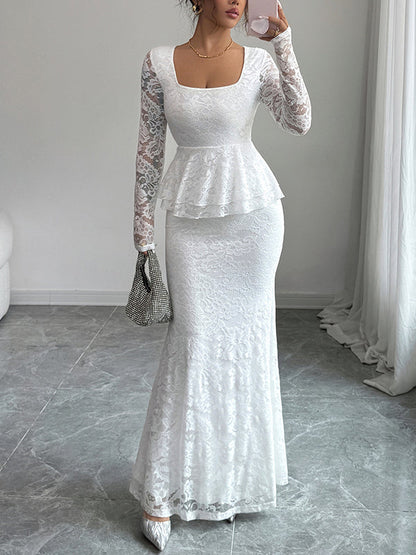 Bodycon Long Sleeves Flower Print Ruffled See-Through Solid Color Split-Joint Square-Neck Maxi Dresses