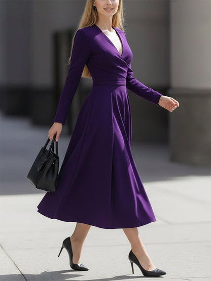 A-Line Long Sleeves Pleated Pockets Solid Color V-Neck Midi Dresses