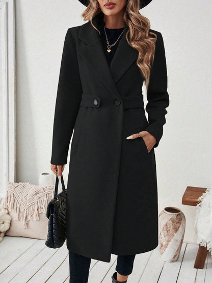 Solid Color Pockets Buttoned Loose Long Sleeves Notched Collar Woolen Coat