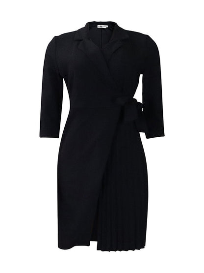 Three-Quarter Sleeves Pleated Solid Color Split-Front Tied Waist V-Neck Mini Dresses