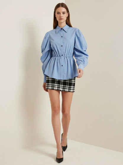 Long Sleeves Puff Sleeves Buttoned Pleated Solid Color Lapel Blouses&Shirts Tops