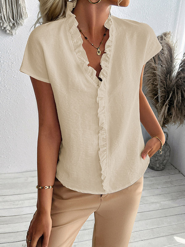 Loose Short Sleeves Ruffle Trim Solid Color V-Neck Blouses&Shirts Tops